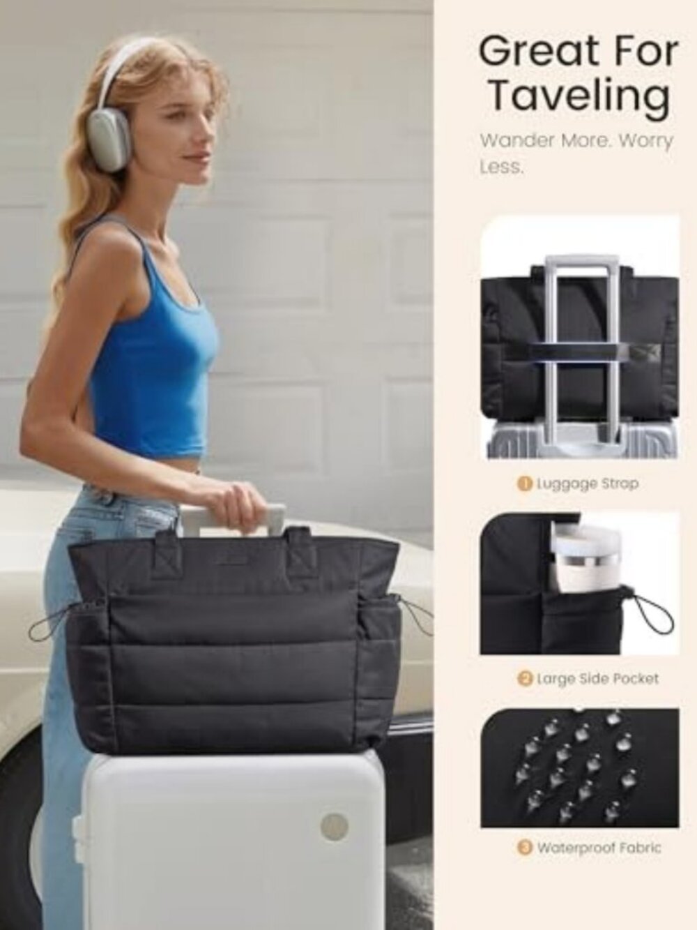 Stylish Tote Bag for Women with Tumbler Holder, Puffer Laptop Handbag for Work - Picture 6 of 6